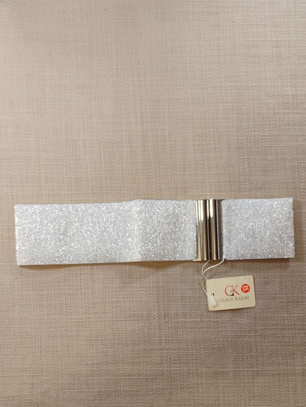 Grace Karin Silver Glitter Elastic Waist Belt with Gold Center Clasp